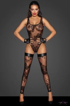 Noir Handmade Fabulous Sheer Floral Tulle Thong Bodysuit -Fun Shop Mayfair StockingsF242 front BOX grey 3