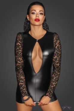 Noir Handmade Fabulous Short Long Sleeved Wetlook Dress -Fun Shop Mayfair StockingsF253 front grey 3