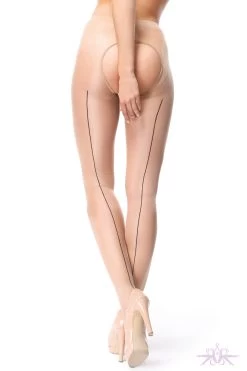 MissO 20 Denier Shiny Open Crotch Beige/Black Seamed Tights -Fun Shop Mayfair StockingsP211 visone2 4