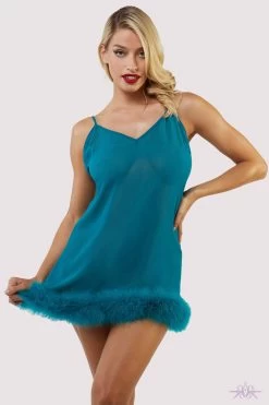 Playful Promises Bettie Page Feather Trim Teal Babydoll